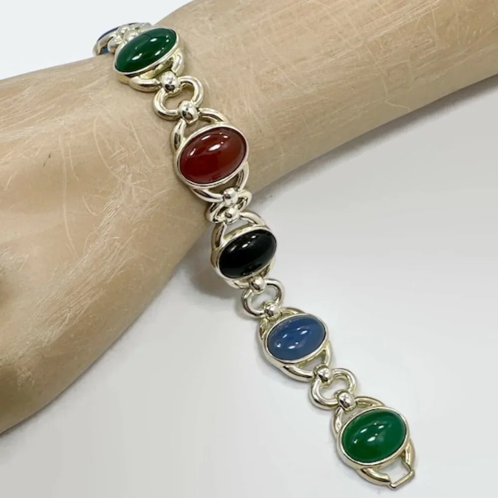 Stone Bracelet, Onyx, Calcedony, Green, Black, Sterling Bracelet, Vintage,Mixed - Picture 2 of 6